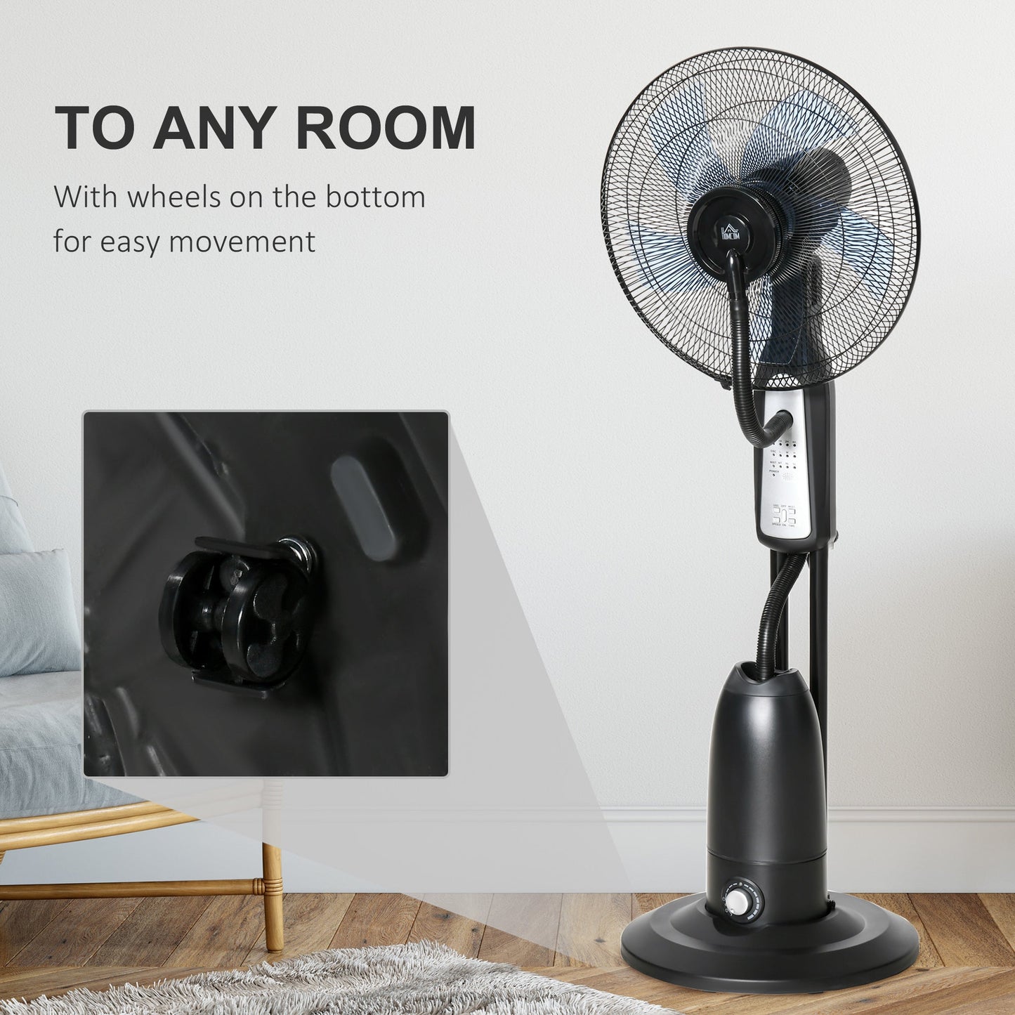 HOMCOM 18" Pedestal Fan with Water Mist Spray, Humidifying Misting Fan, Standing Fan with 3 Speeds, 2.8L Water Tank, Timer and Remote, Black