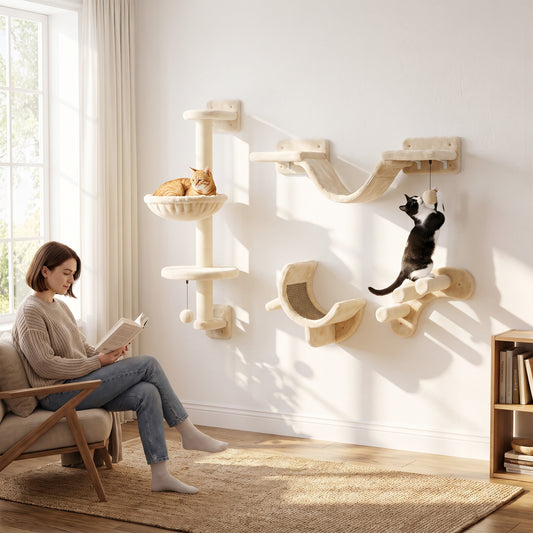 PawHut Four-Piece Cat Wall Furniture, with Hammock, Ladder, Platforms, Steps, for Indoor Use - Beige