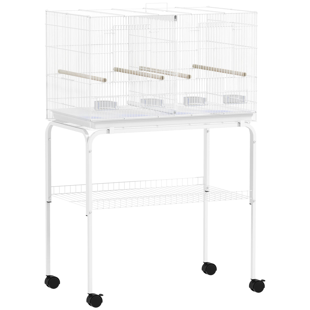 PawHut Bird Cage with Divider, 4 Wooden Perches, Slide Out Tray, 4 Feeders, for Budgie, Lovebird, Canary, 76 x 46 x 116cm White