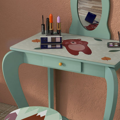 ZONEKIZ Kids Dressing Table with Mirror and Stool, Girls Vanity Table Makeup Desk with Drawer, Cute Animal Design, for 3-6 Years - Green