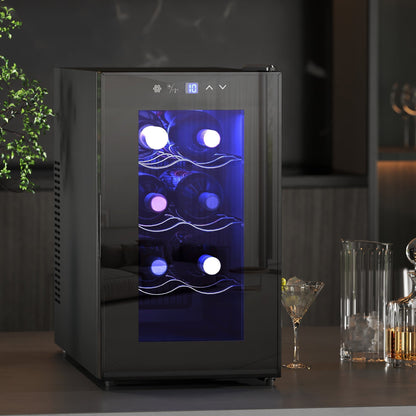 HOMCOM Mini Table Top Wine Fridge, 8 Bottle, 17L, 8-18 degrees C, 26.5cm Quiet Under Counter Wine Cooler Fridge with Glass Door, LED Light, Digital Touch Screen, Temperature Control