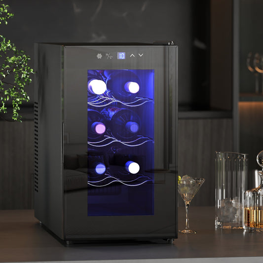 HOMCOM Mini Table Top Wine Fridge, 8 Bottle, 17L, 8-18 degrees C, 26.5cm Quiet Under Counter Wine Cooler Fridge with Glass Door, LED Light, Digital Touch Screen, Temperature Control