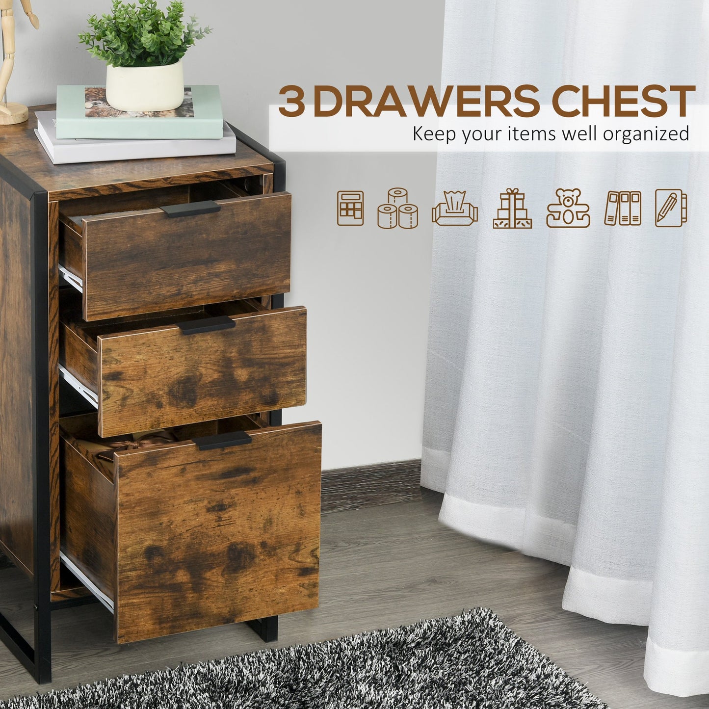 Industrial 3-Drawer Storage Chest Cabinet Organizer Metal Frame Freestanding Unit, Perfect for Bedroom Living Room, Brown
