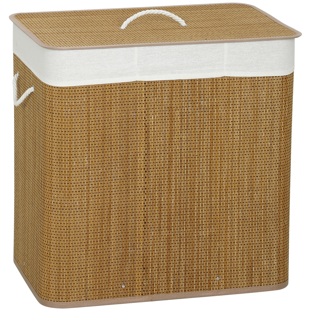 HOMCOM 3 Section Laundry Basket with Lid, 144L Bamboo Laundry Hamper with Handles, Removable and Washable Liner, Brown