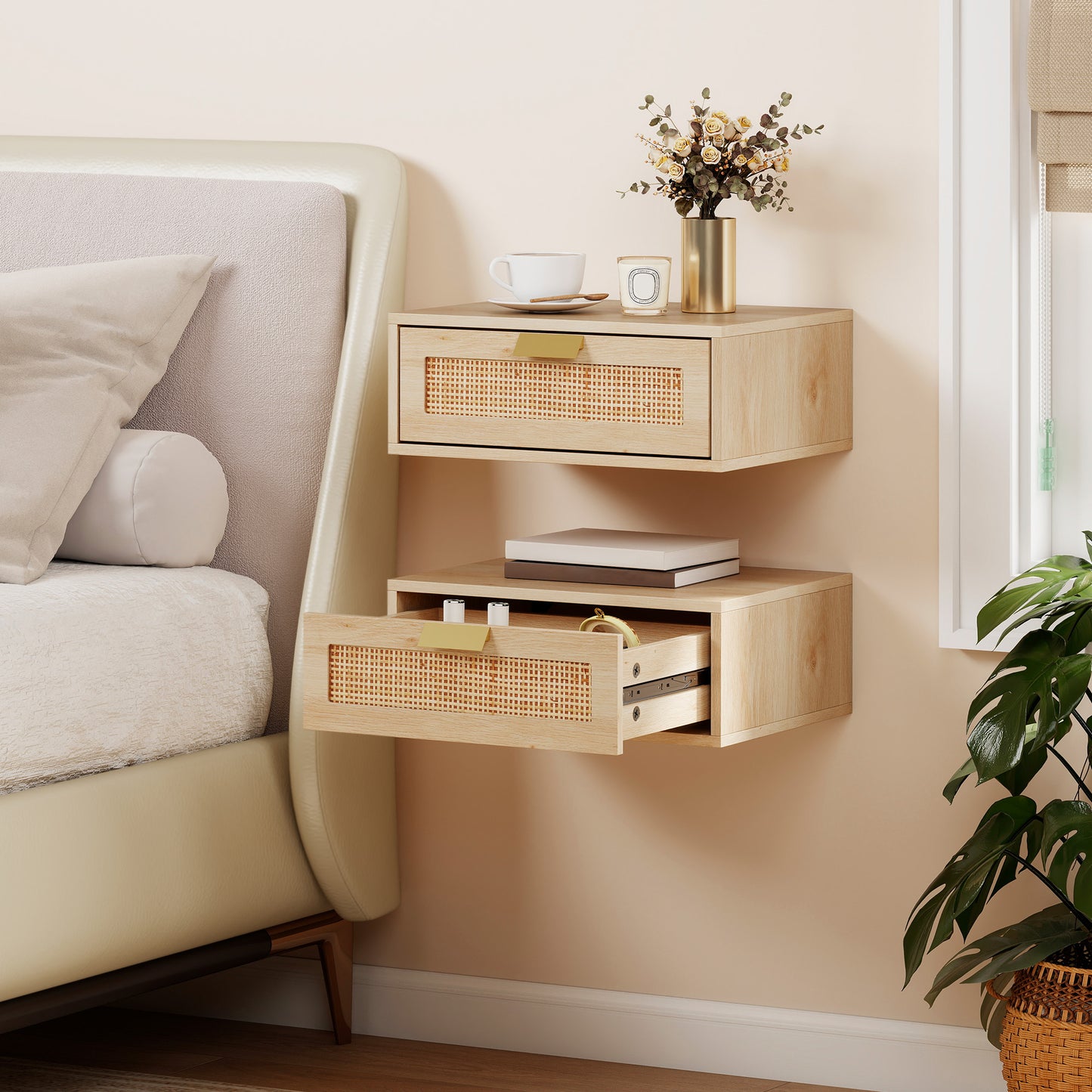 HOMCOM Floating Bedside Tables Set of 2, Wall Mounted Bedside Cabinets with Rattan Drawer and Wood Effect, Oak