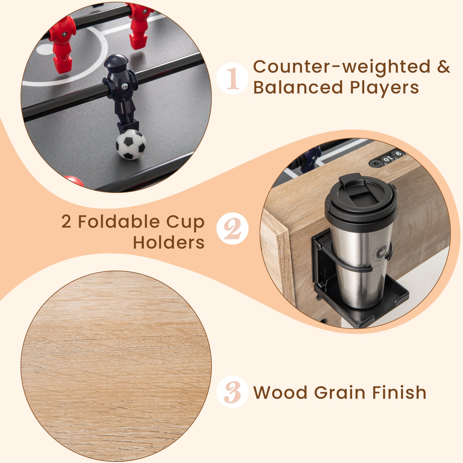137 cm Full Size Foosball Table with 2 Balls and 2 Foldable Cup Holders-Natural