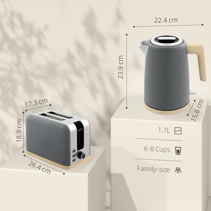 HOMCOM Stainless Steel Kettle and Toaster Set, 1.7L 3000W Fast Boil Kettle & 2 Slice Toaster Kitchen Set with 7 Level Browning Controls, Defrost, Reheat, Auto Off, Boil-dry Protection, Grey