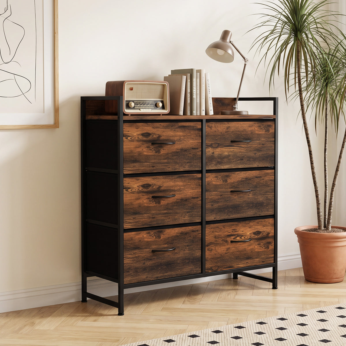 HOMCOM Rustic Chest of Six Fabric Drawers - Rustic Brown