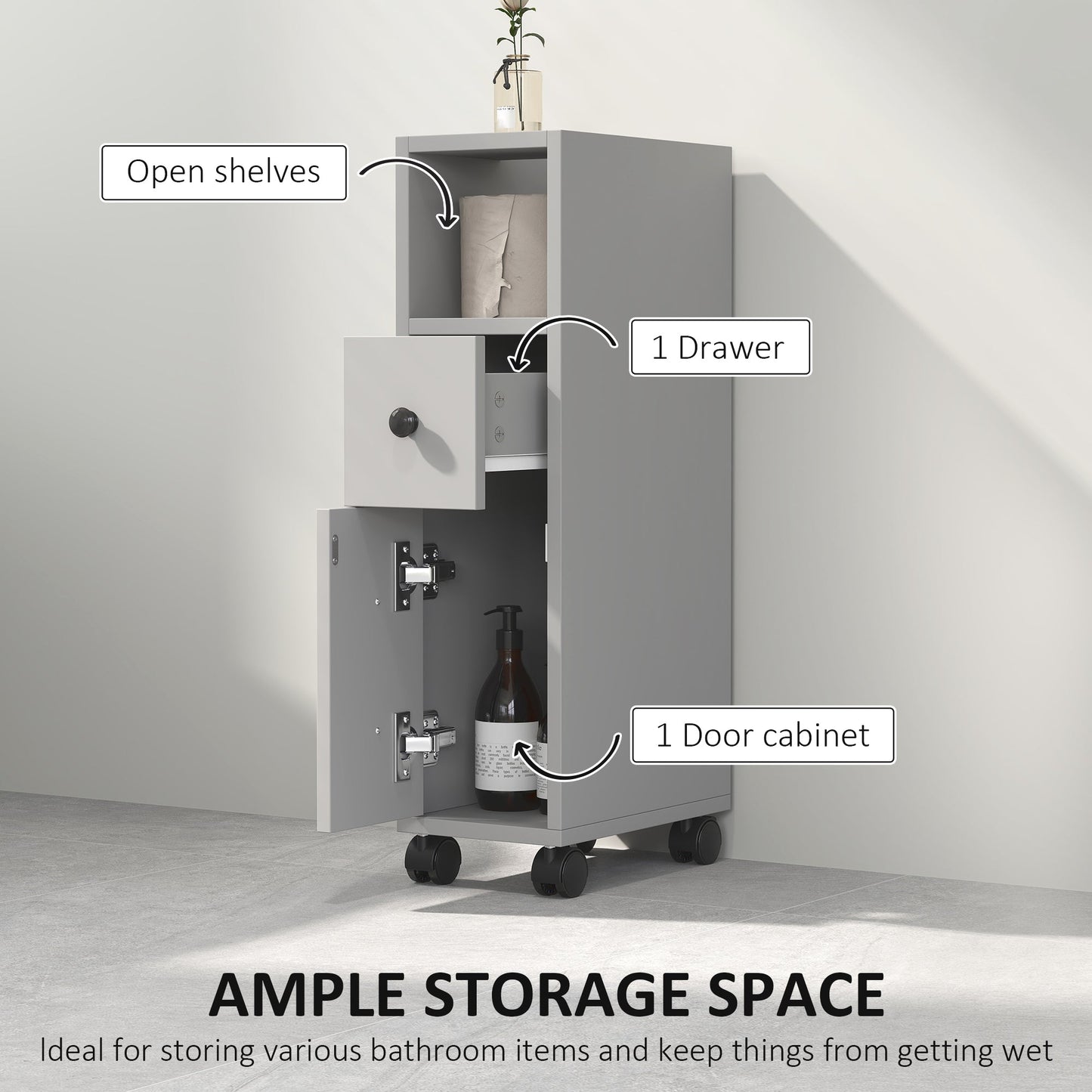 kleankin Slimline Bathroom Storage Cabinet - Grey