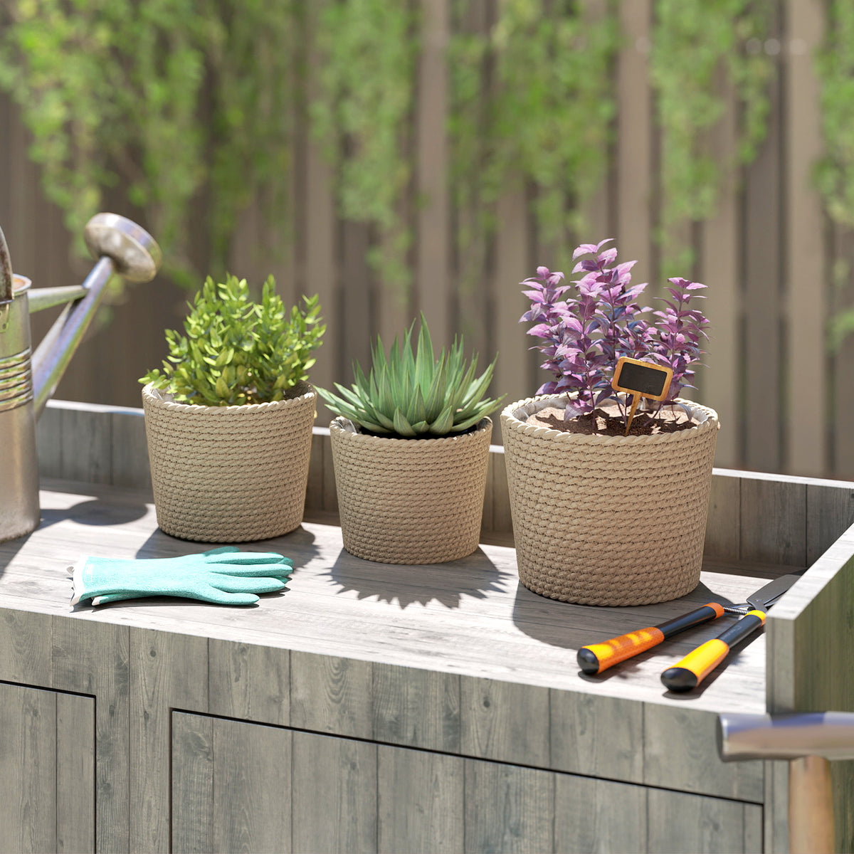 Outsunny Seagrass Planters Set of 3 Plant Pots for Indoor Outdoor Patio Balcony Natural
