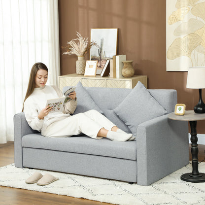 HOMCOM 2 Seater Sofa Bed with Hidden Storage, Pull Out Convertible Bed Settee, Modern Linen Loveseat Sofa Sleeper with 2 Cushions for Living Room, Guest Room, Light Grey