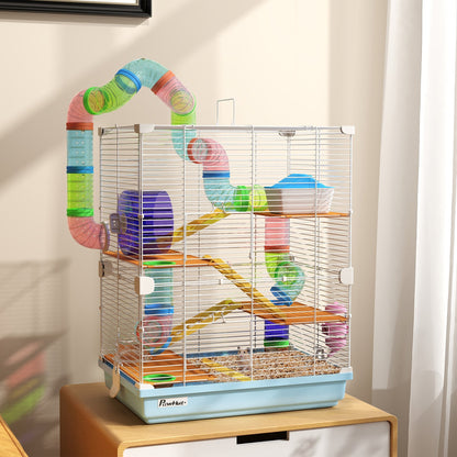 PawHut 5 Tier Hamster Cage Carrier Habitat w/ Exercise Wheels, Tunnel, Light Blue