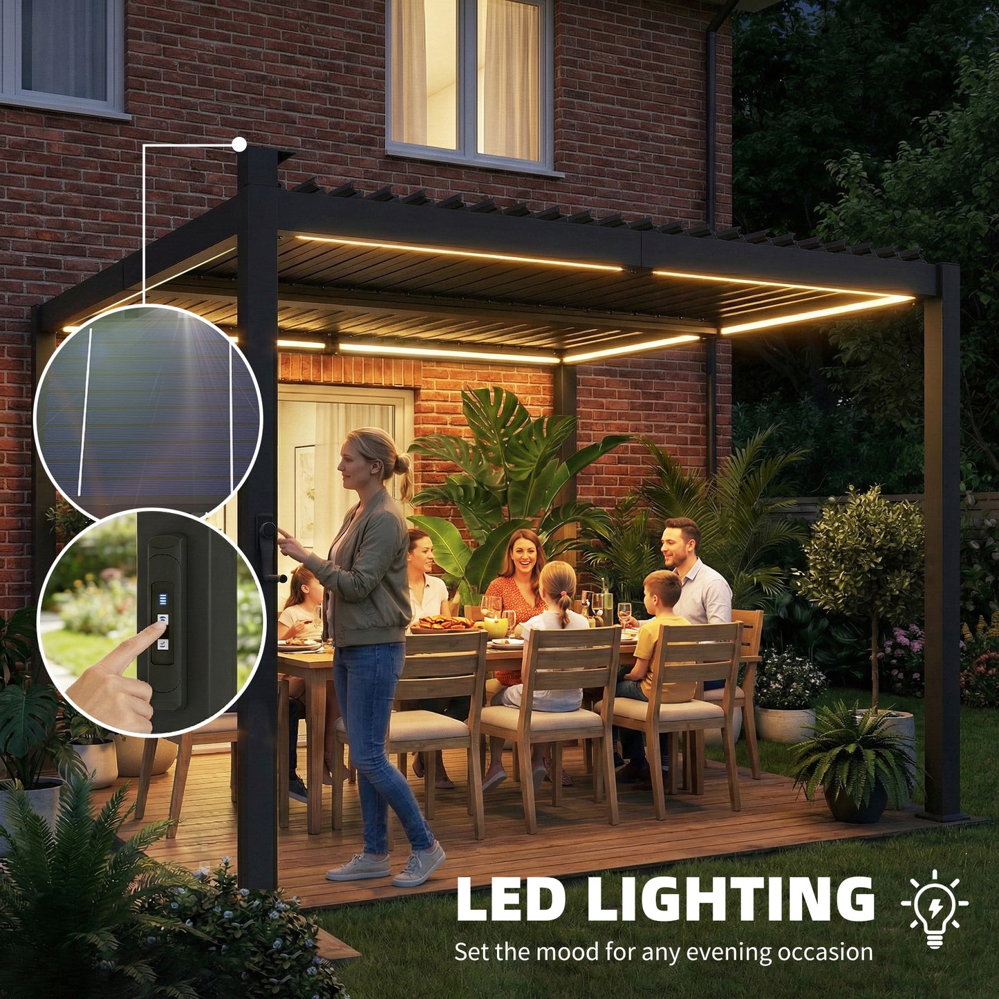 Outsunny 3 x 3 m Louvered Pergola with Solar LED lights, Metal Roof, Patio Gazebo Pergola Canopy with Drainage Gutters, Black