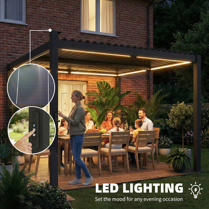 Outsunny 3 x 3 m Louvered Pergola with Solar LED lights, Metal Roof, Patio Gazebo Pergola Canopy with Drainage Gutters, Black