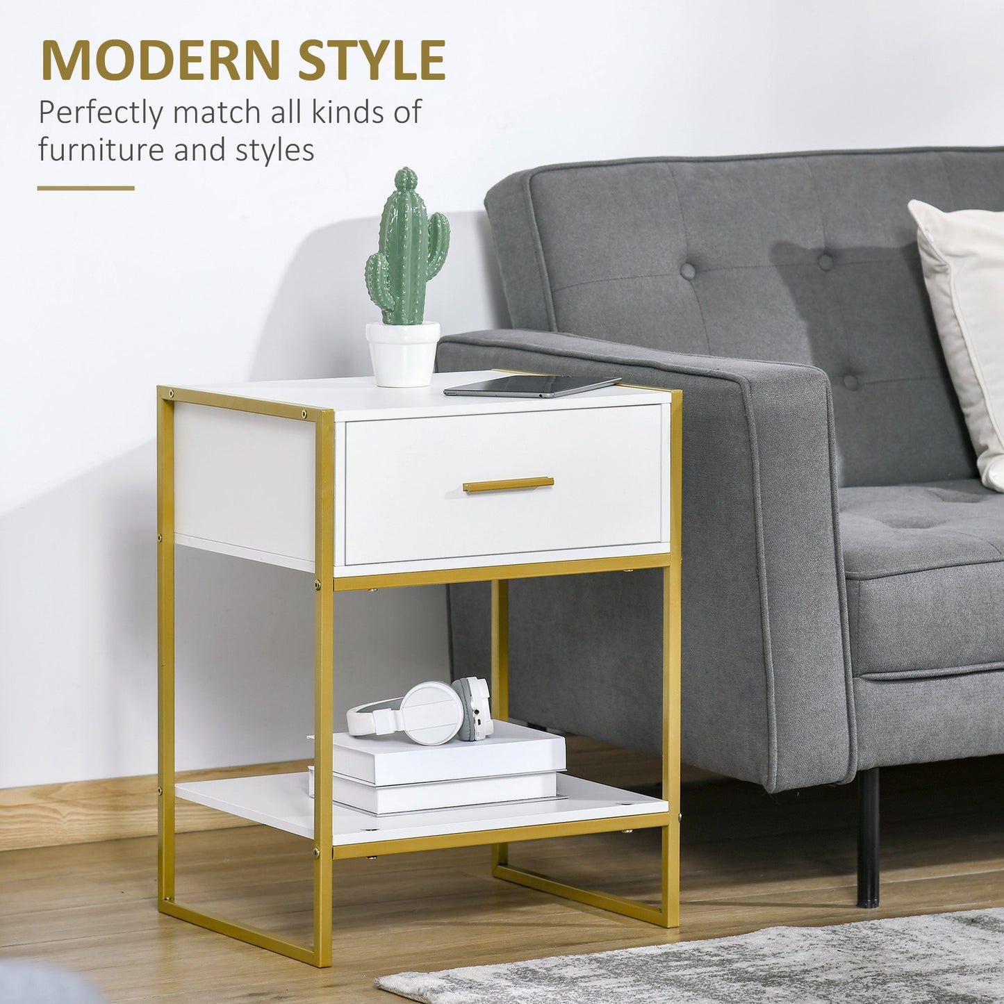 HOMCOM Bedside Table Set of 2, Modern Side Tables with Drawer and Shelf, Nightstands for Bedroom, White