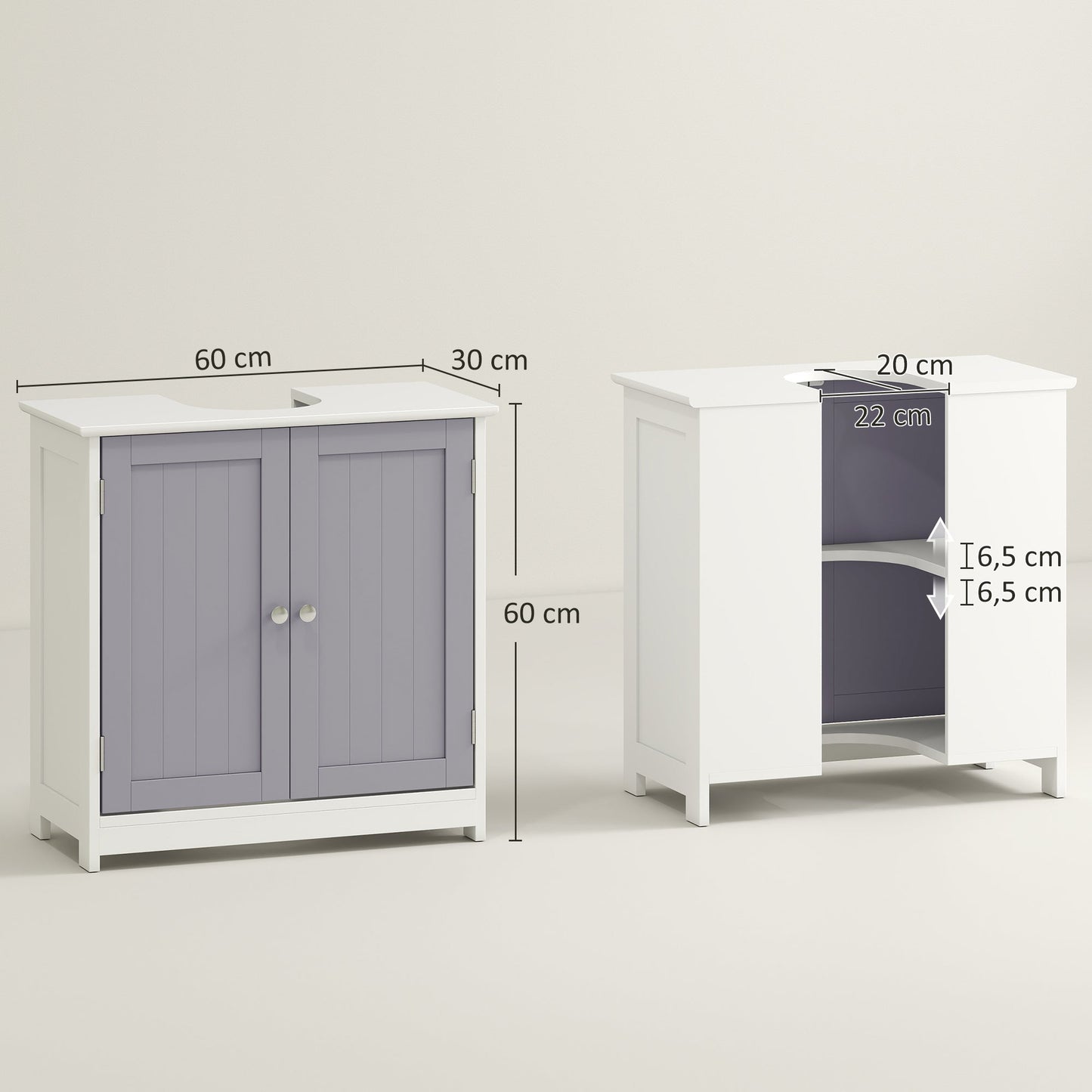 kleankin 60x60cm Under-Sink Storage Cabinet w/ Adjustable Shelf Handles Drain Hole Bathroom Cabinet Space Saver Organizer White and Grey