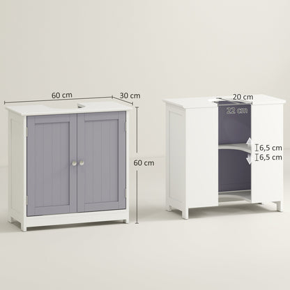kleankin 60x60cm Under-Sink Storage Cabinet w/ Adjustable Shelf Handles Drain Hole Bathroom Cabinet Space Saver Organizer White and Grey