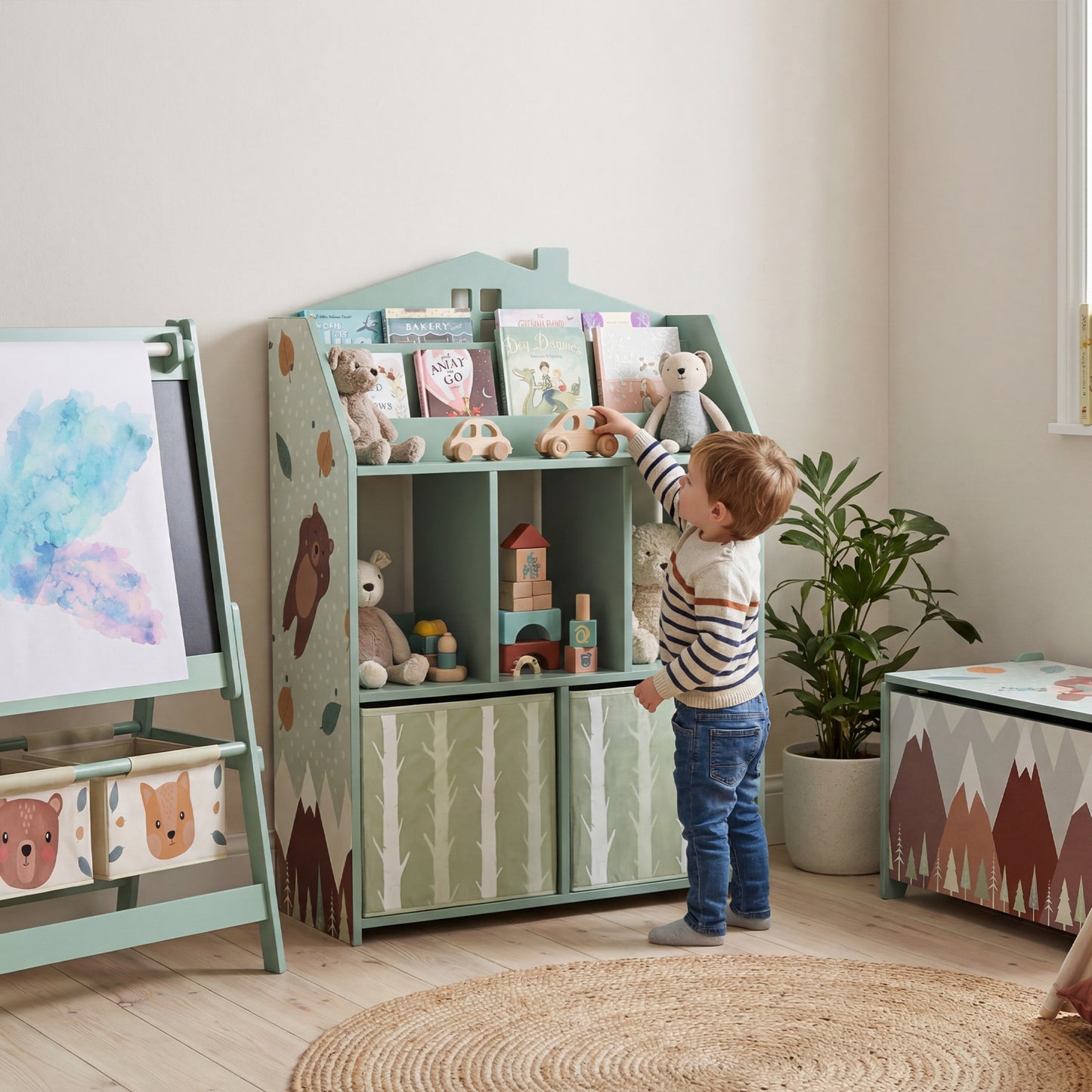 AIYAPLAY Kids Bookshelf with Storage, Toy Storage Unit with Book Display, Shelves and Fabric Drawers for Playroom Nursery, Green