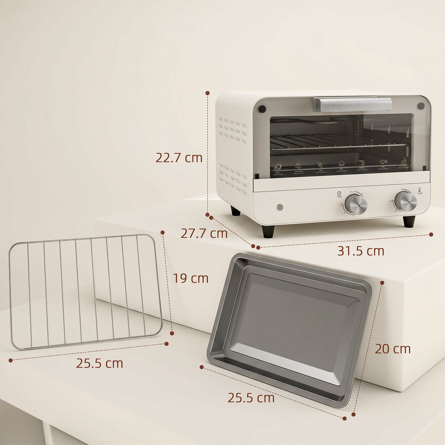 HOMCOM Mini Oven, Small Toaster Oven with Glass Door, Adjustable Temperature and Timer, Accessory Included, 750W, Cream White