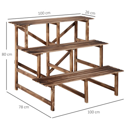 Outsunny 3 Tier Outdoor Plant Stand, Wood Ladder Shelf, Flower Pot Display Rack for Garden Backyard