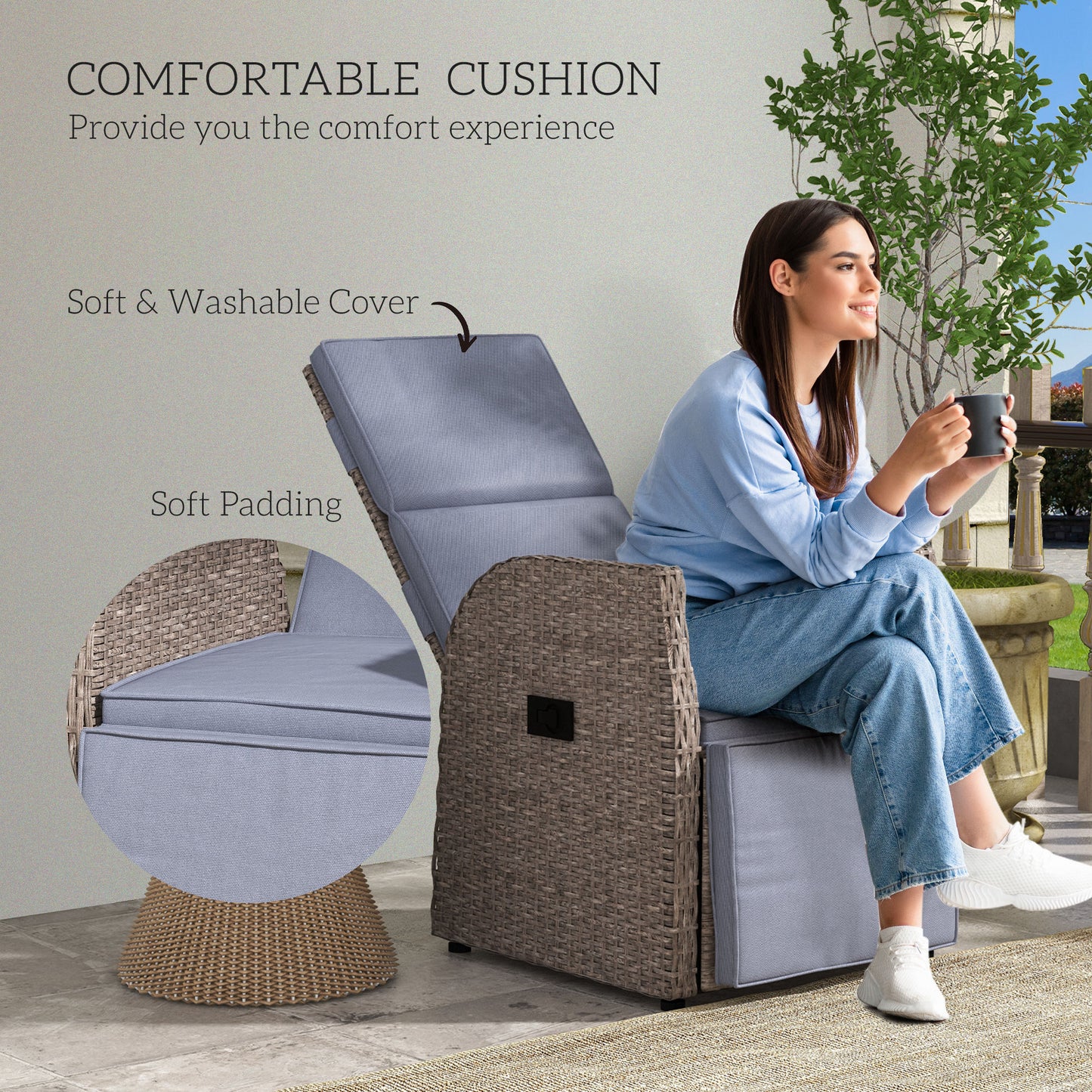 Outsunny 148Â° Reclining Rattan Garden Armchair, with Footrest - Brown/Grey