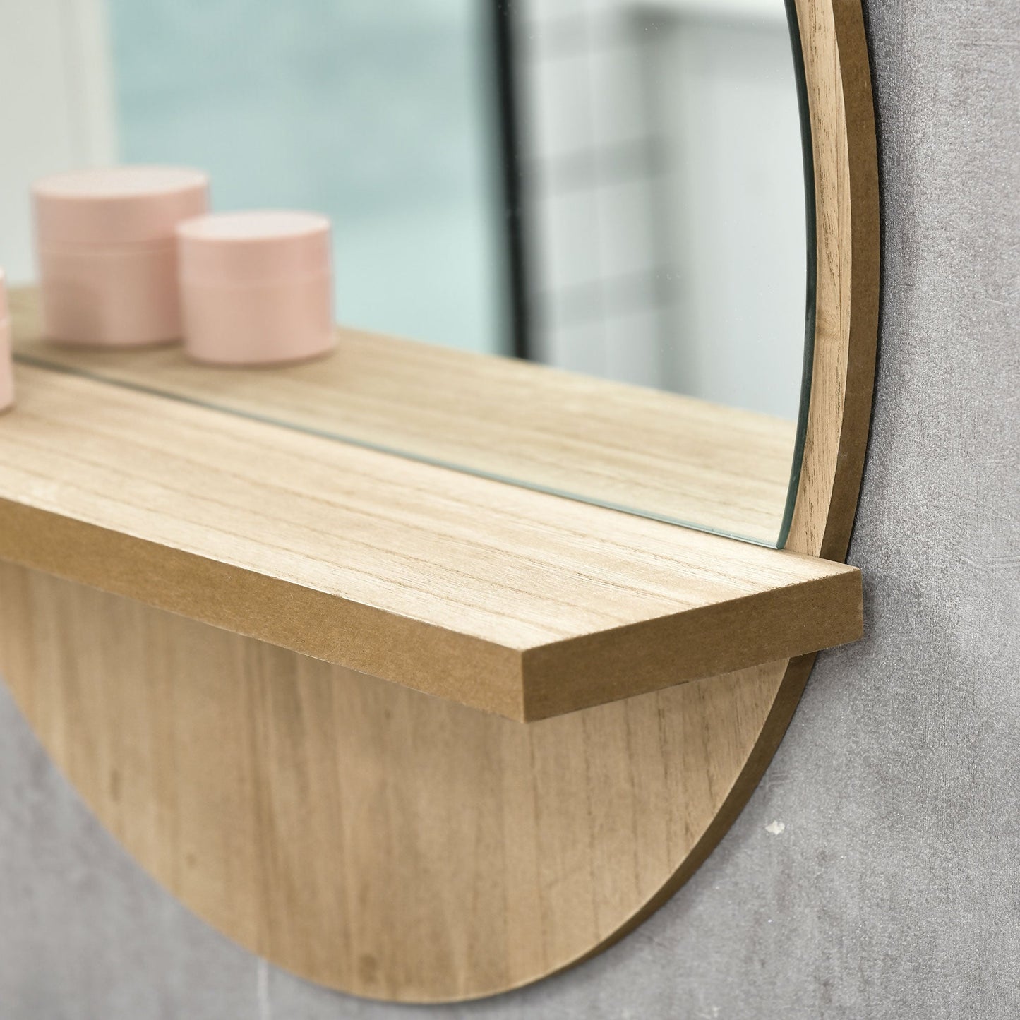 kleankin 45cm Round Home Mirror, with Shelf - Natural Wood Effect