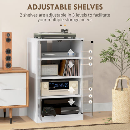 HOMCOM 4-Tier Hi-Fi Stand,  Record Player Stand with Adjustable Shelves and Push-to-Open Glass Doors, White Wood-Effect