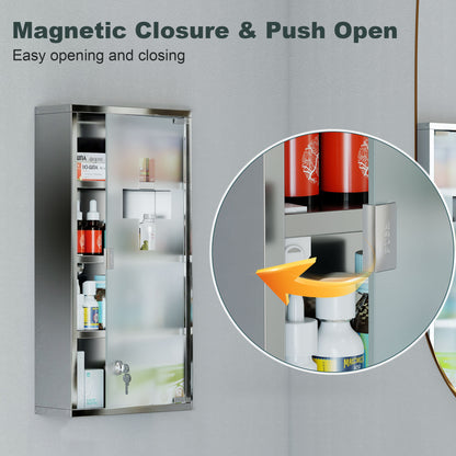 HOMCOM 4 Tier Stainless Steel Wall Mounted Medicine Cabinet Glass Lockable Door Storage Shelves Houseware Bathroom Furniture 60Hx30Wx12D(cm) w/2 Keys