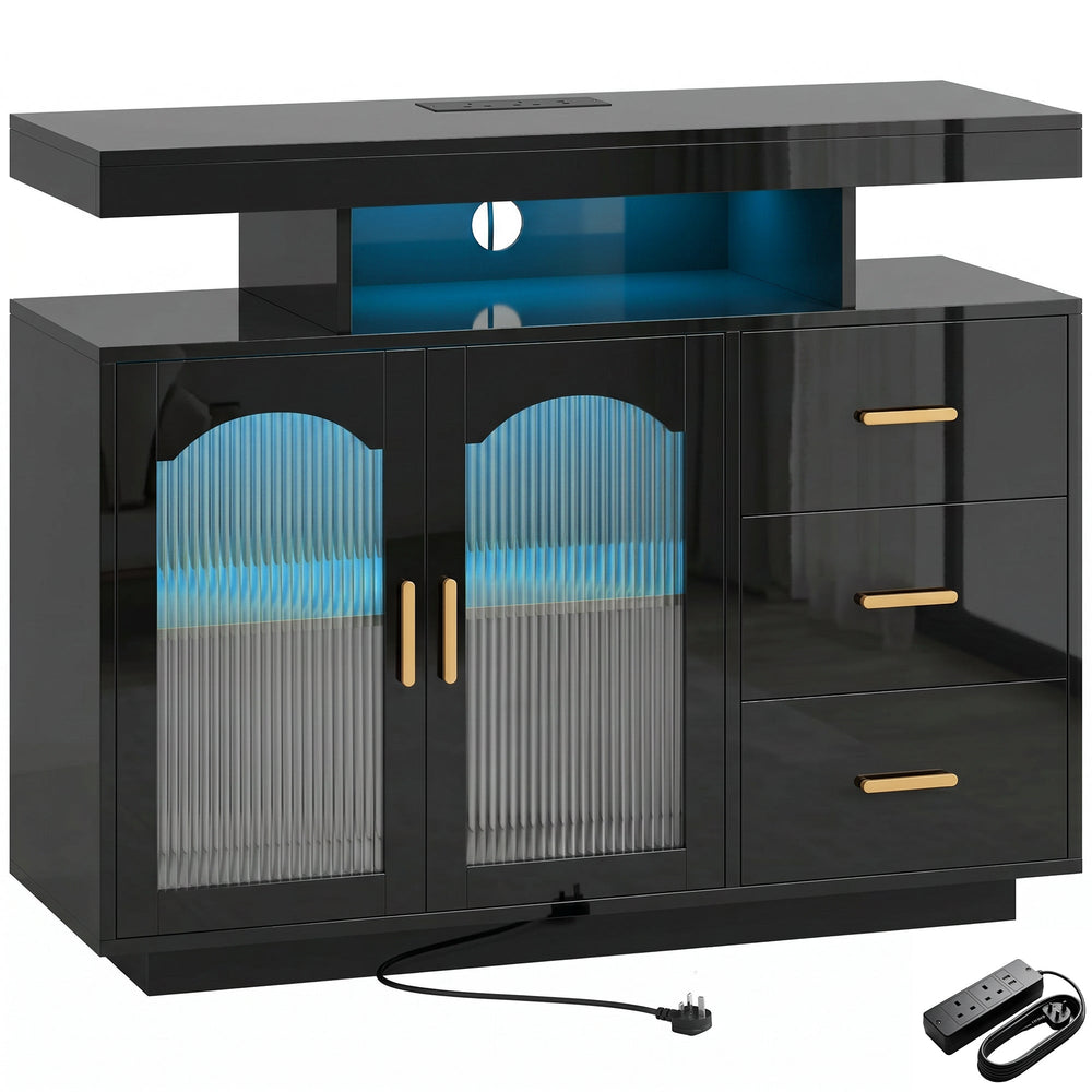 HOMCOM High Gloss Sideboard with LED Lights, Built-in Power Outlets, 3 Drawers, Shelves and 2 Acrylic Doors, Black