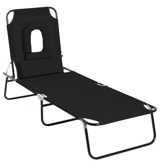 Outsunny Outdoor Folding Sun Lounger with Face Hole, 4 Level Adjustable Backrest Reclining Garden Lounger, Garden Recliner Sunbed with 600 D Oxford Cloth Seat and Pillow for Beach, Black