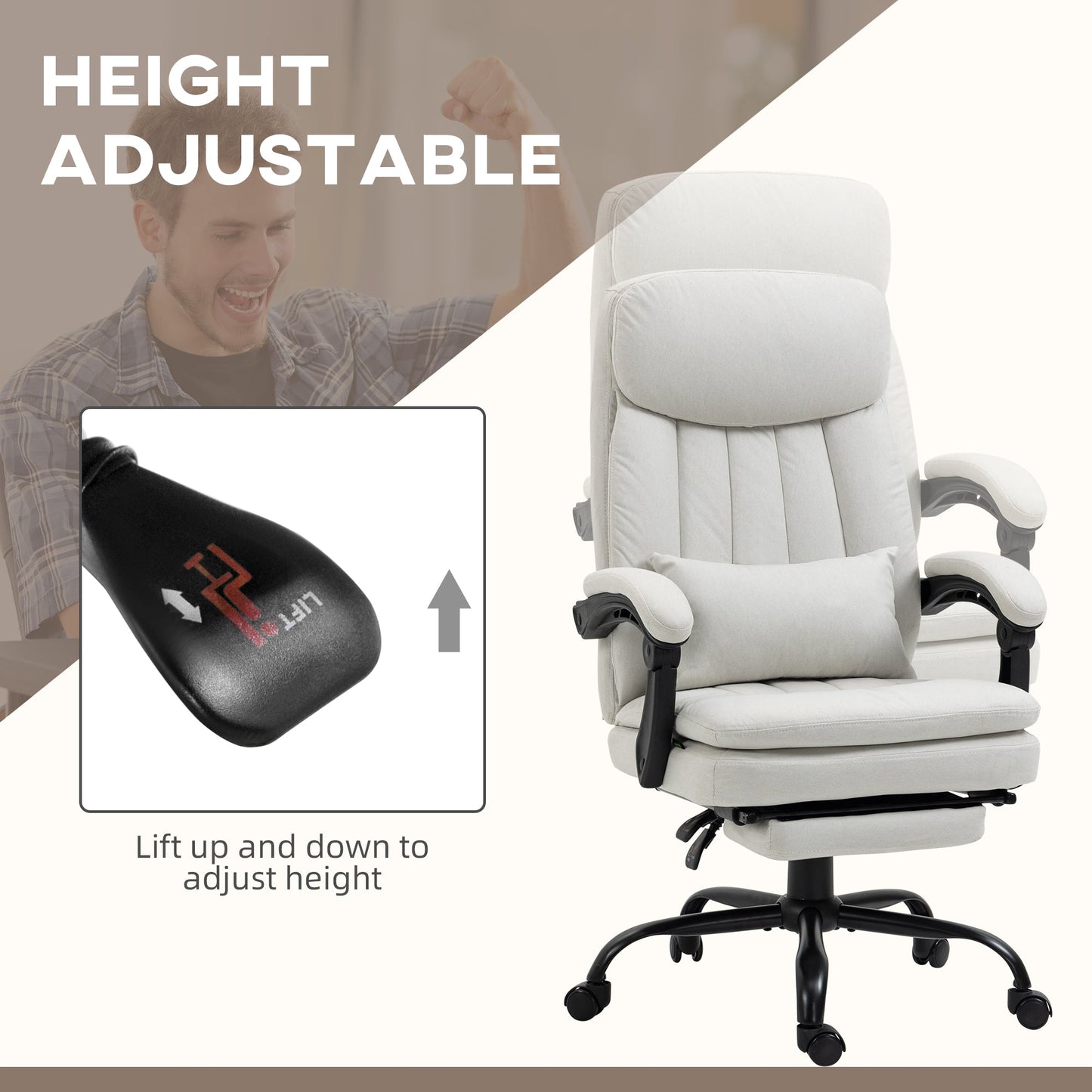 Vinsetto Vibration Massage Office Chair w/ Heat, Microfibre Computer Chair w/ Footrest, Lumbar Support Pillow, Armrest, Reclining Back, Cream White