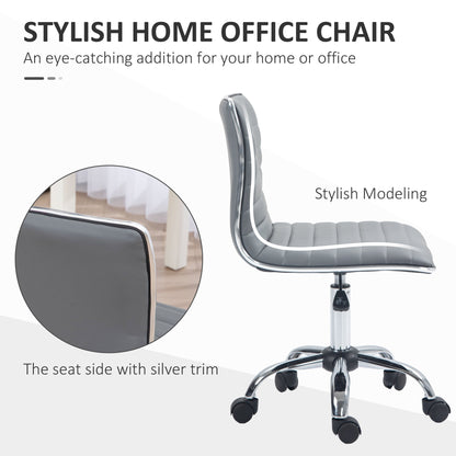 HOMCOM Armless Task Desk Chair, Swivel Office Chair with Faux Leather, Adjustable Seat Height, Chrome Base, Wheels for Home, Light Grey