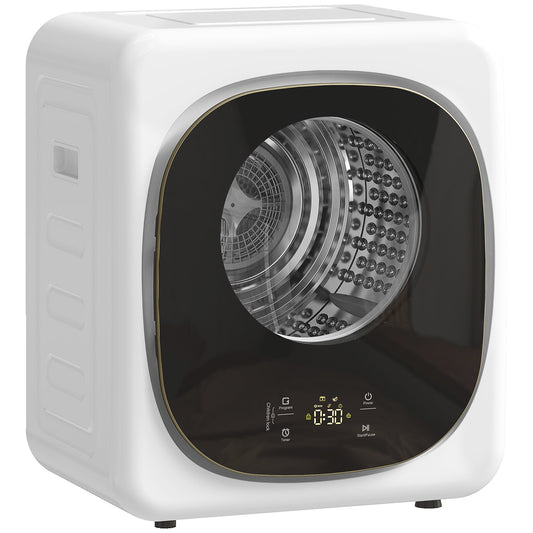 HOMCOM 4kg Vented Tumble Dryer, 800W Compact Freestanding Front Tumble Dryer with 5 Drying Mode, Smart Sensor, Timer and Stainless Steel Tub, Wall-Mounted Portable Small Clothes Drying Machine, White
