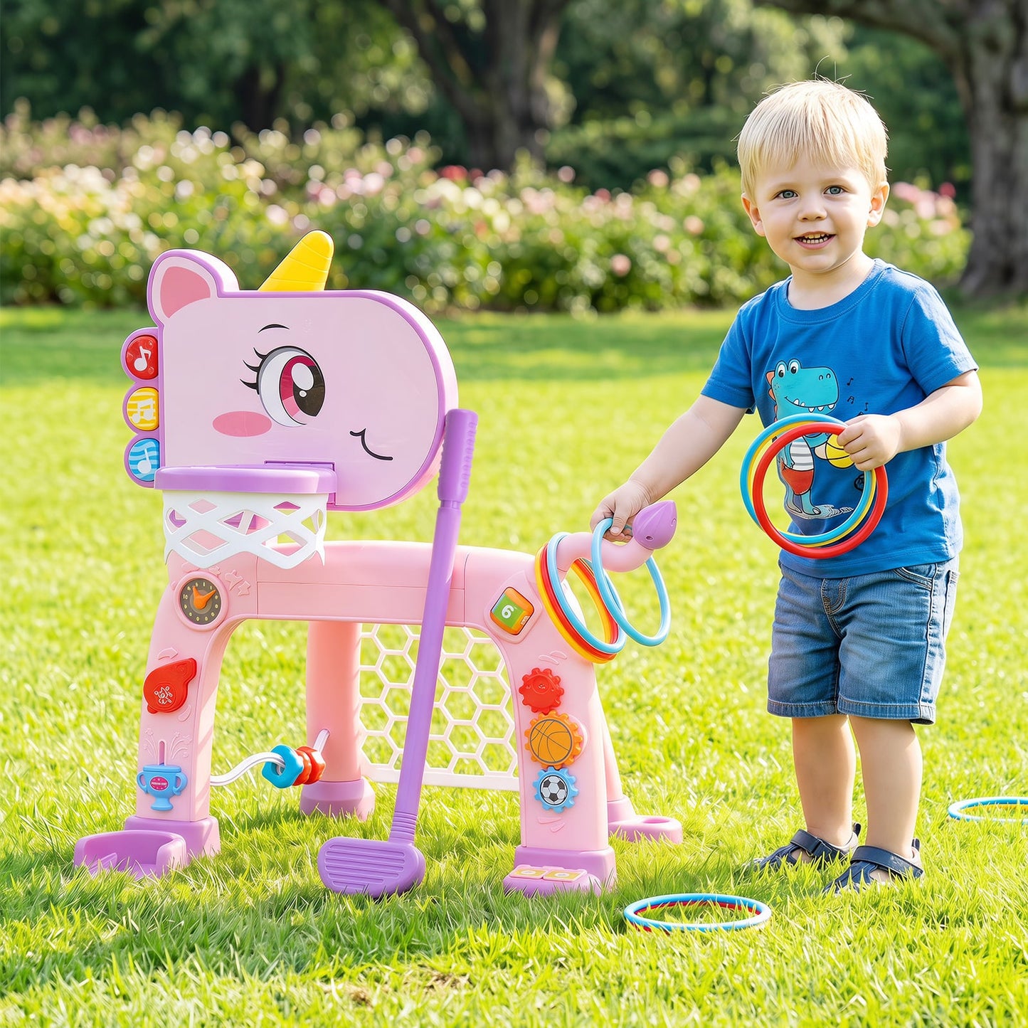 Unicorn Toddler Basketball Hoop and Soccer Ball Activity Center-Pink
