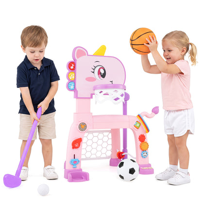 Unicorn Toddler Basketball Hoop and Soccer Ball Activity Center-Pink