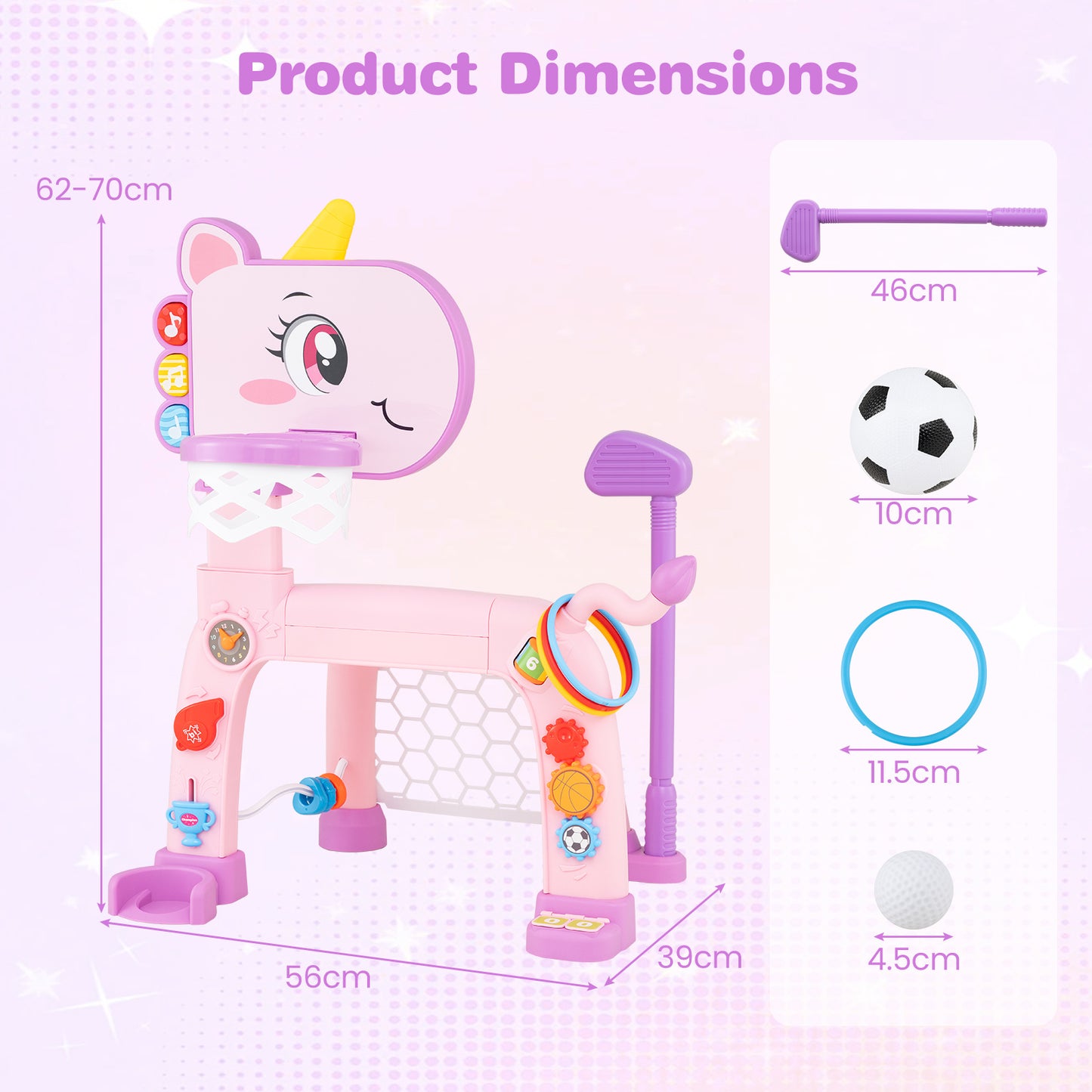 Unicorn Toddler Basketball Hoop and Soccer Ball Activity Center-Pink