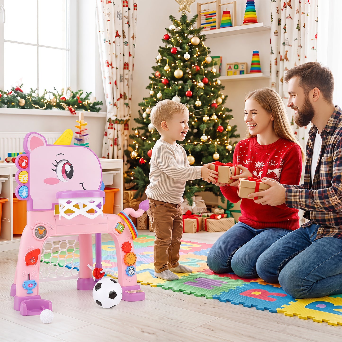 Unicorn Toddler Basketball Hoop and Soccer Ball Activity Center-Pink