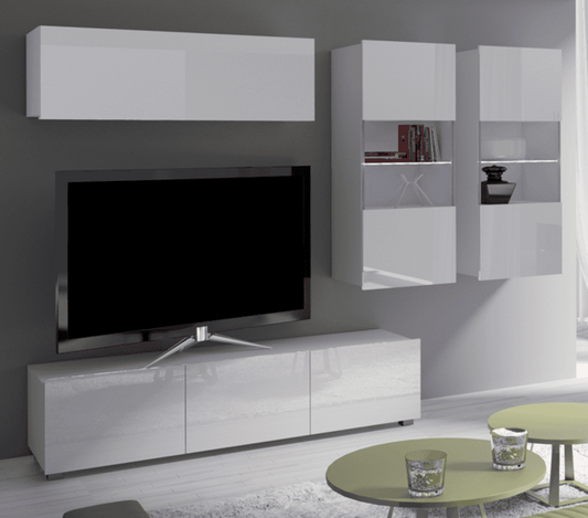 Modern living room with white high-gloss entertainment unit, TV, and green round table.