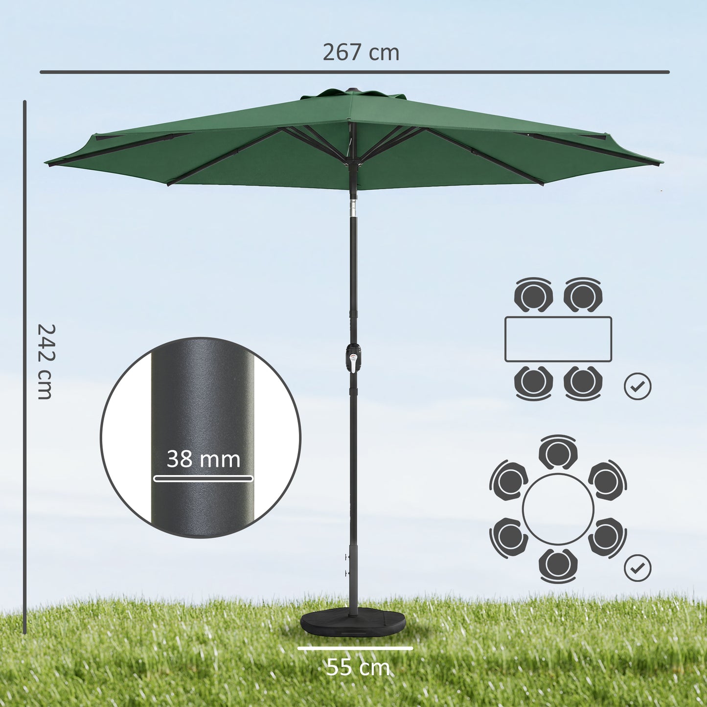 Outsunny 2.7 m Garden Parasol Umbrella with Cross Base and Sandbag, Retractable Ribs, Outdoor Table Market Umbrella, Green
