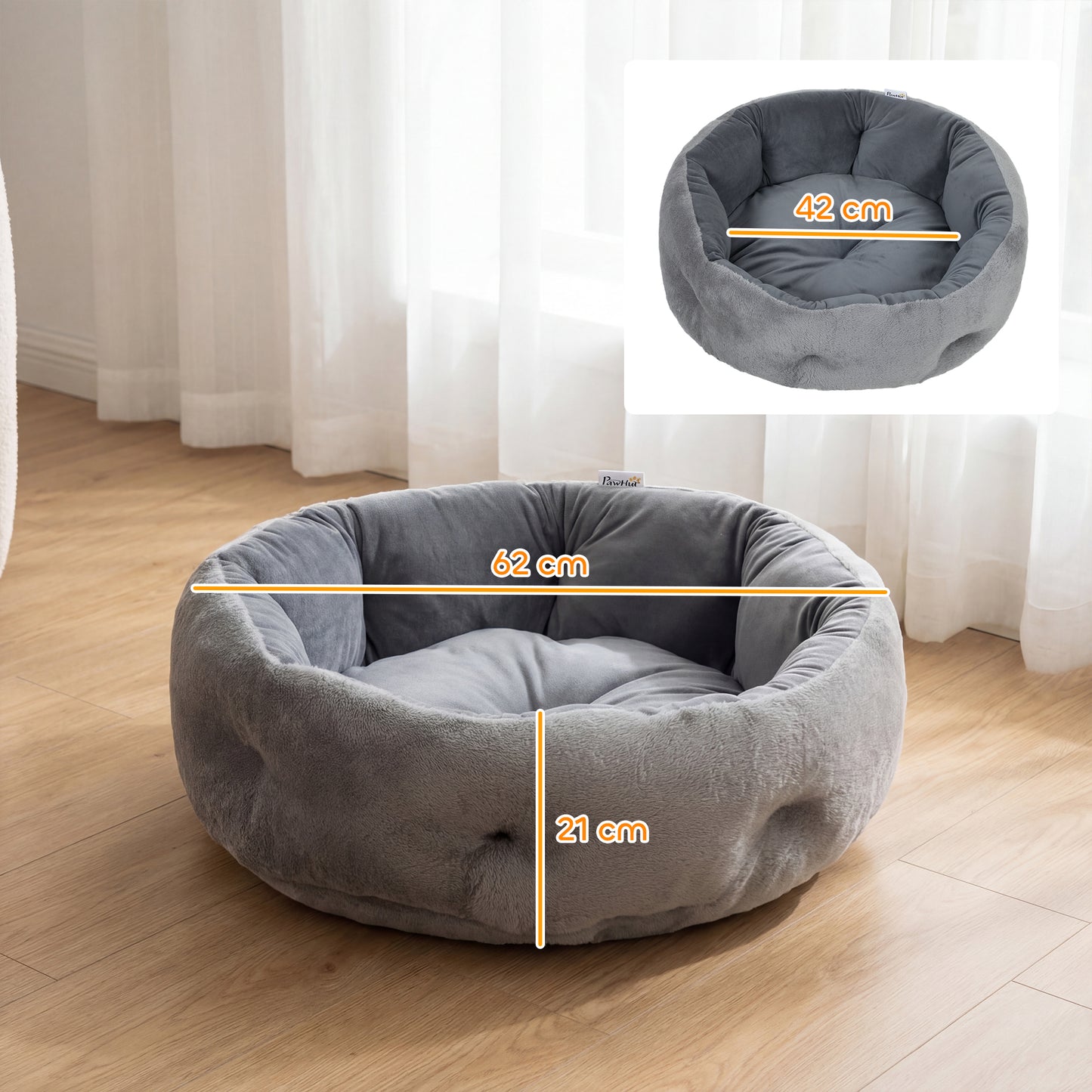 PawHut Cat Bed, Reversible Dog Pet Bed for Indoor Cats and Small Dogs, Round Bed with Supportive Bolster, Dark Grey