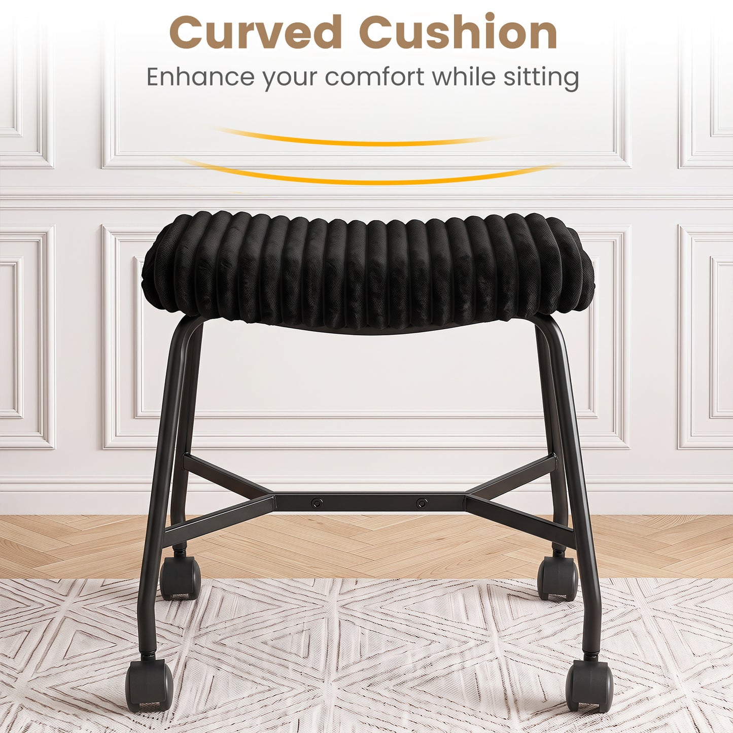 Upholstered Footrest Stool Set of 2 with 4 Swivel Casters & 7.5 cm Thick Cushion for Bedroom-Black