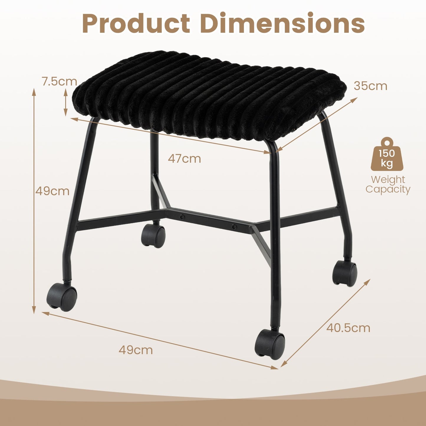 Upholstered Footrest Stool Set of 2 with 4 Swivel Casters & 7.5 cm Thick Cushion for Bedroom-Black