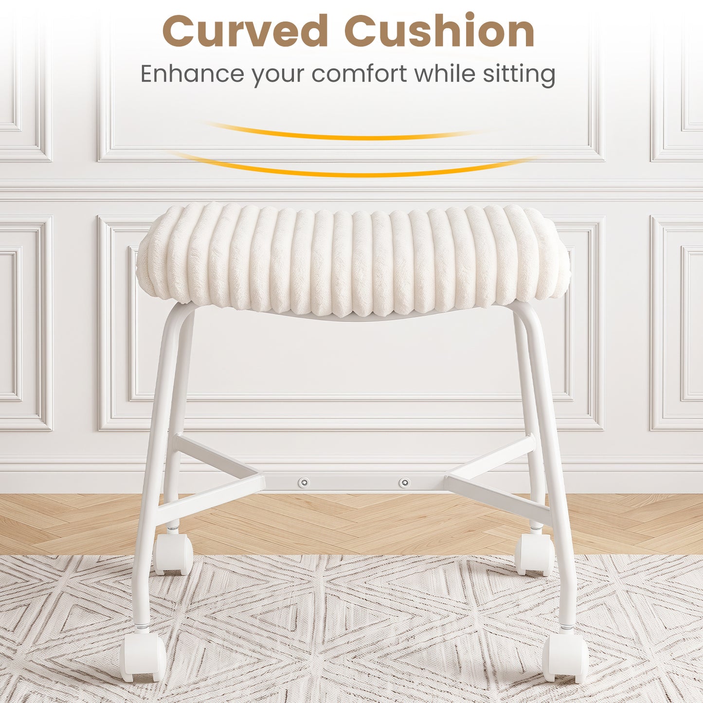 Upholstered Footrest Stool Set of 2 with 4 Swivel Casters & 7.5 cm Thick Cushion for Bedroom-White