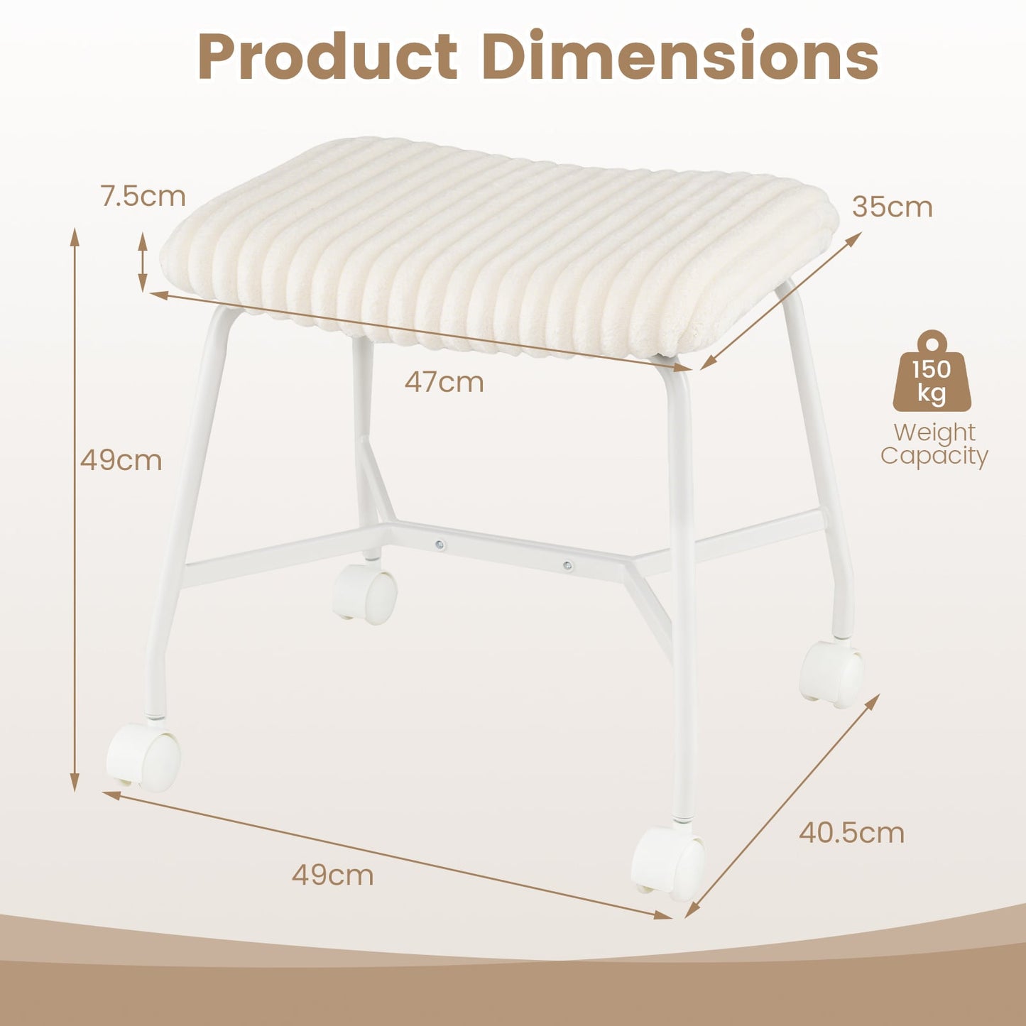 Upholstered Footrest Stool Set of 2 with 4 Swivel Casters & 7.5 cm Thick Cushion for Bedroom-White