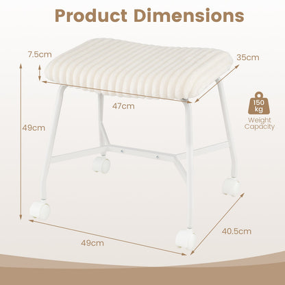 Upholstered Footrest Stool Set of 2 with 4 Swivel Casters & 7.5 cm Thick Cushion for Bedroom-White