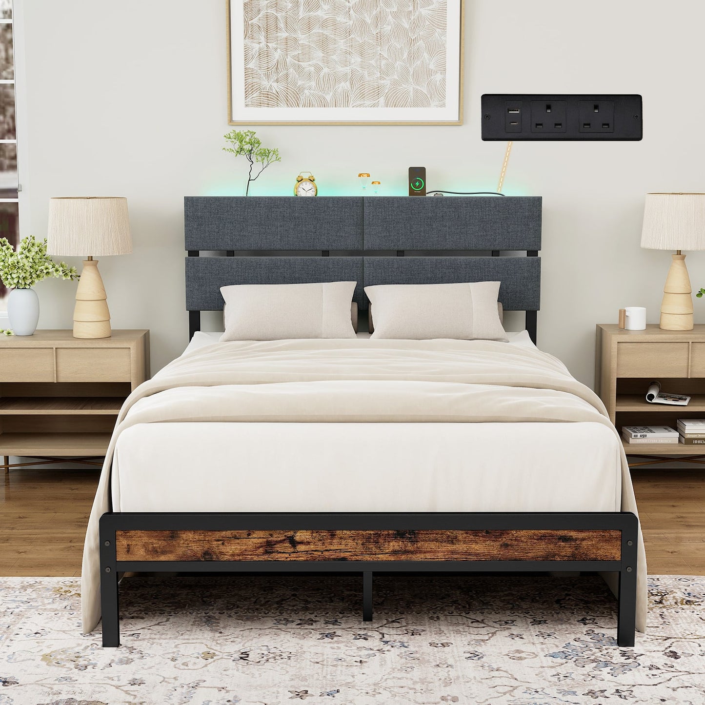 Upholstered Metal Platform Bed with Charging Station and LED Lights-Double Size