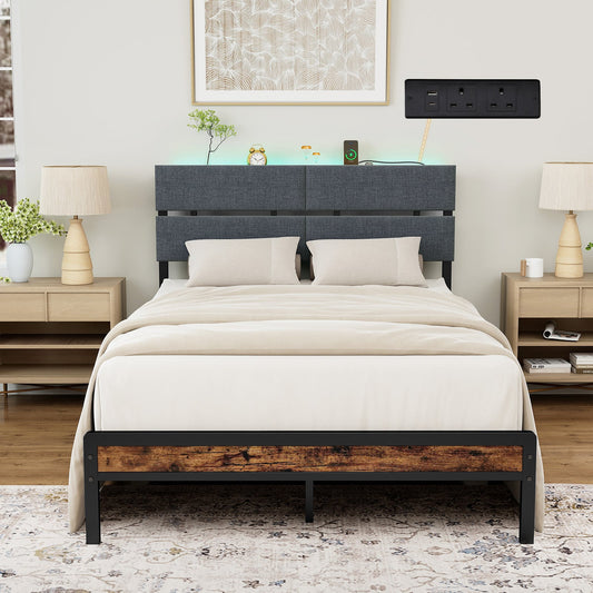 Upholstered Metal Platform Bed with Charging Station and LED Lights-Double Size