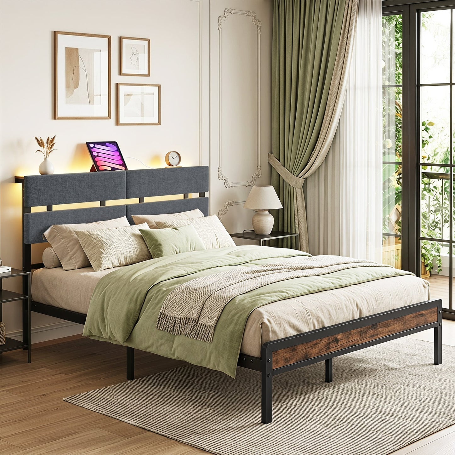 Upholstered Metal Platform Bed with Charging Station and LED Lights-Double Size