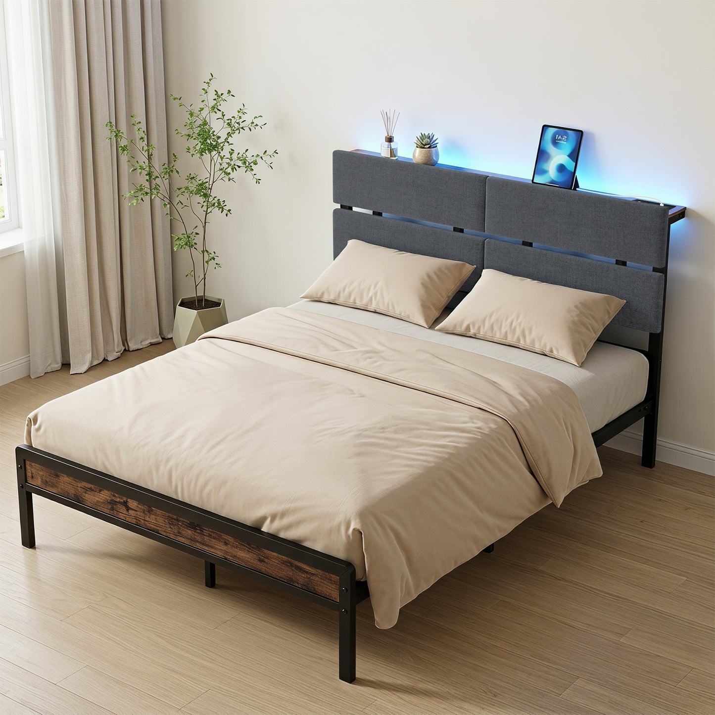Upholstered Metal Platform Bed with Charging Station and LED Lights-Double Size