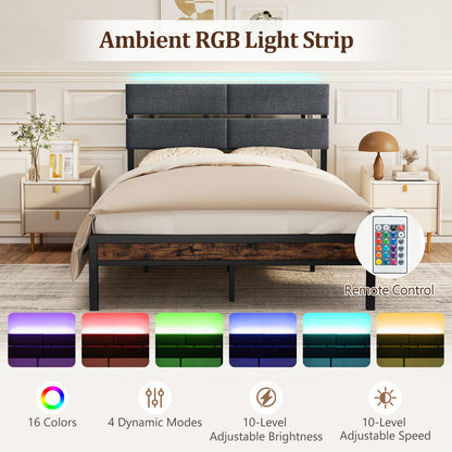 Upholstered Metal Platform Bed with Charging Station and LED Lights-Double Size
